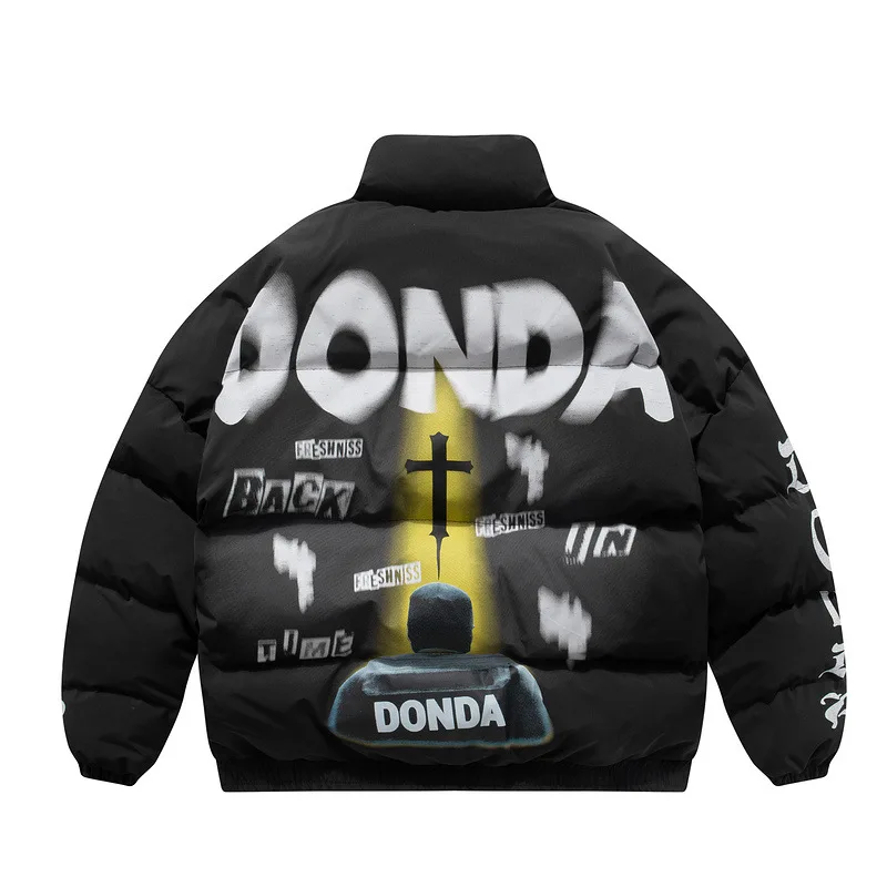 

Winter Thick Parkas Men Cotton Graffiti Letter Printed Padded Jackets Vintage Causal Oversize Outwear Loose Stand Collar Couple