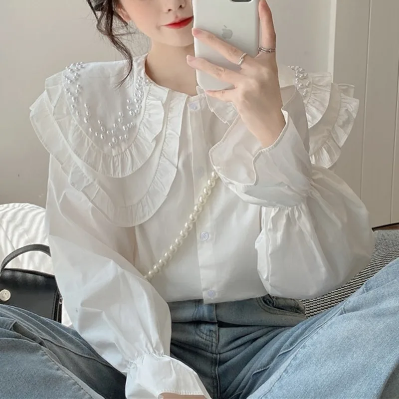 2021 детский воротник белая рубашка Женский Топ Новая маленькая с длинным рукавом |