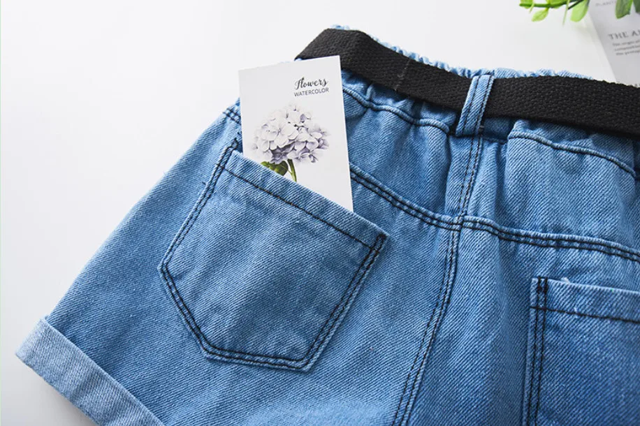 Джинсовые шорты для девочек летние детские эластичные с поясом в Корейском