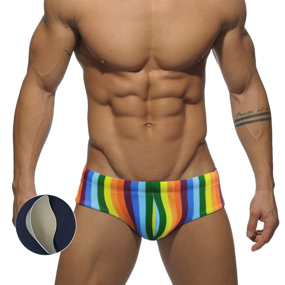 

Новые мужские плавки в радужную полоску с пуш-подушками, пикантное бикини с низкой талией, Европейская и американская мода, пляжные спортивные плавки для серфинга 2022