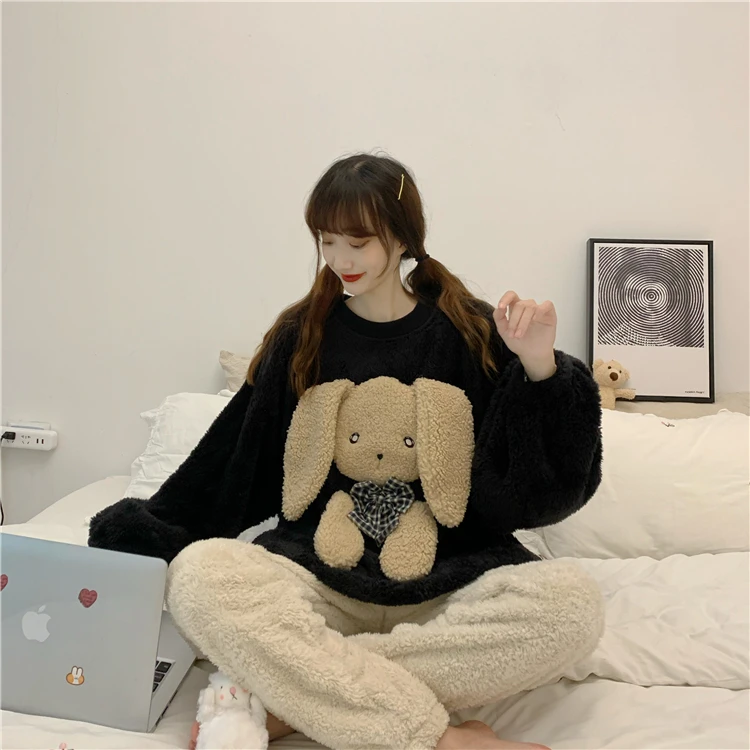 

2 Pcs/lot Winter Pajamas Sets Women Sleepwear Warm Flannel Long Sleeves Coral Pijama Bunny Thick Homewear Pyjama Sleepwear