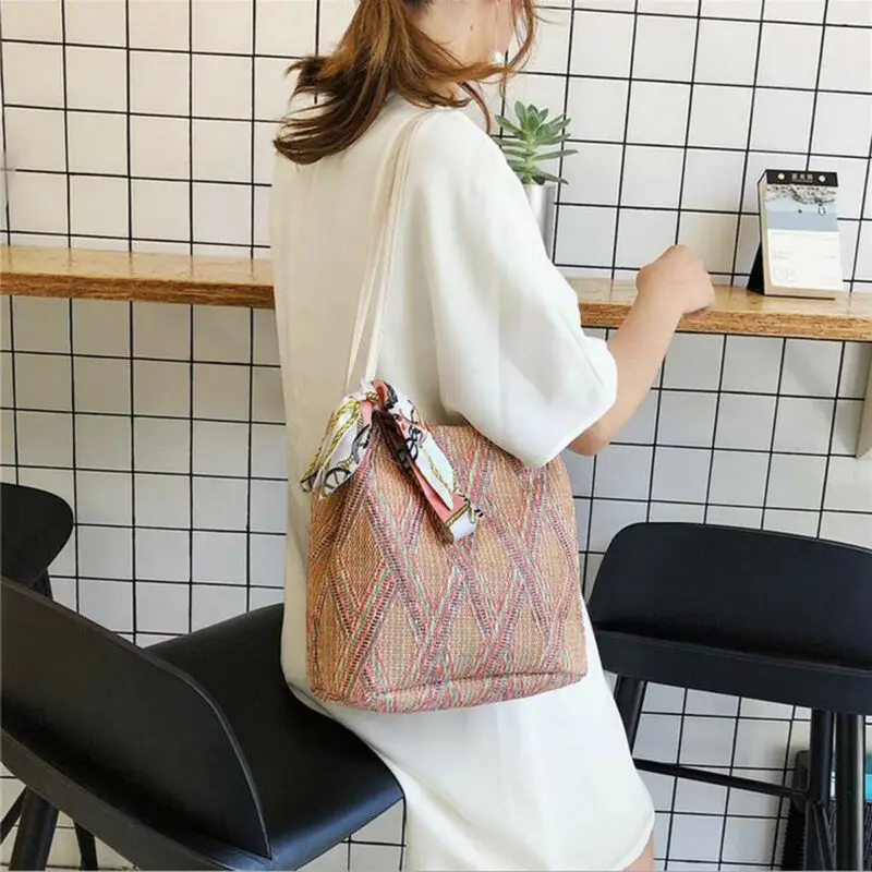 Женская ромбовидная соломенная сумка с лентой ретро Сумочка из ротанга тканые