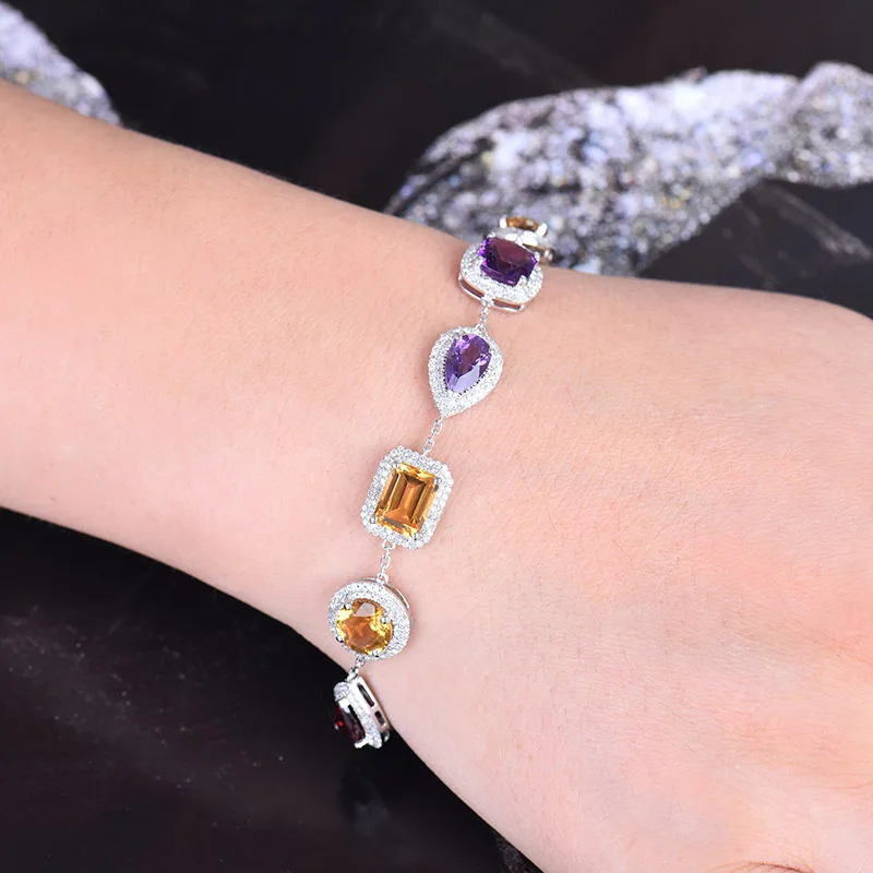 LOVERJEWELRY, Женский винтажный браслет, Одноцветный, 14К, белое золото, натуральный бриллиант, аметист, перидот, гранат, браслет для девушек, юбилей