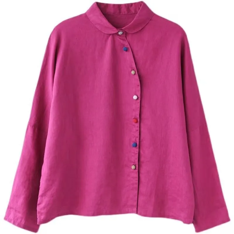 

2021 New Arrival Spring/autumn Women Loose Casual Long Sleeve Peter Pan Collar Blouse Single Breasted Cotton Linen Shirts