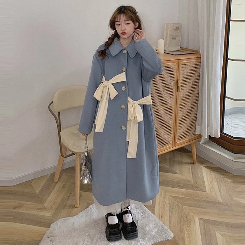 

Женские шерстяные Элегантные однобортные Длинные куртки с воротником Питер Пэн и поясом для отдыха, Модные Винтажные Нежные милые женские куртки