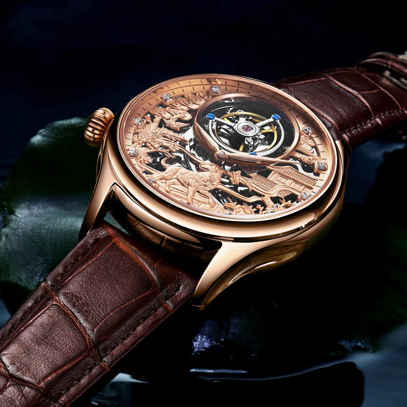 Guanqin мужские часы Tourbillon часы со скелетом сапфировые Водонепроницаемые кожаные роскошные оригинальные брендовые часы с собакой