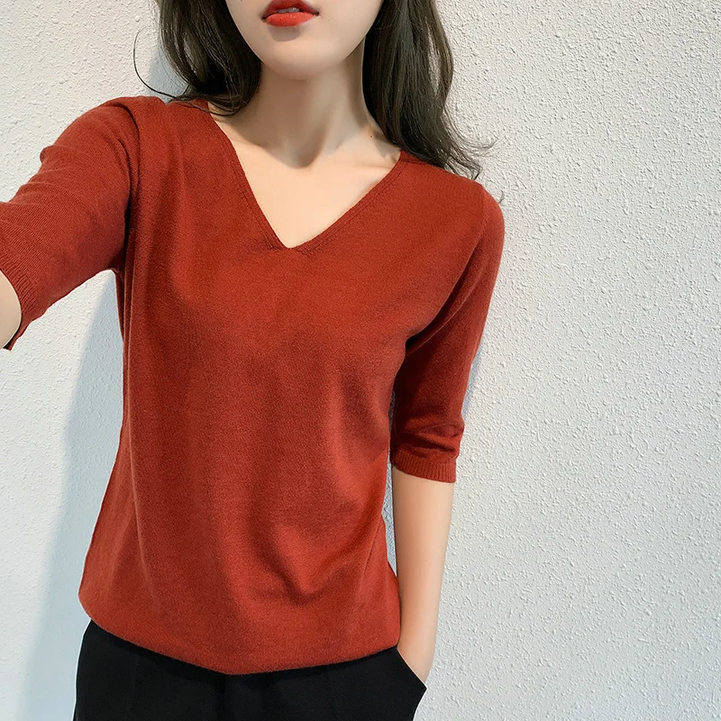 

100% Cashmere And Wool Fashion Women Sweater Autumn Short Sleeve Ultra-thin Soft Women Tops V-neck Sweater Knitted Pullover