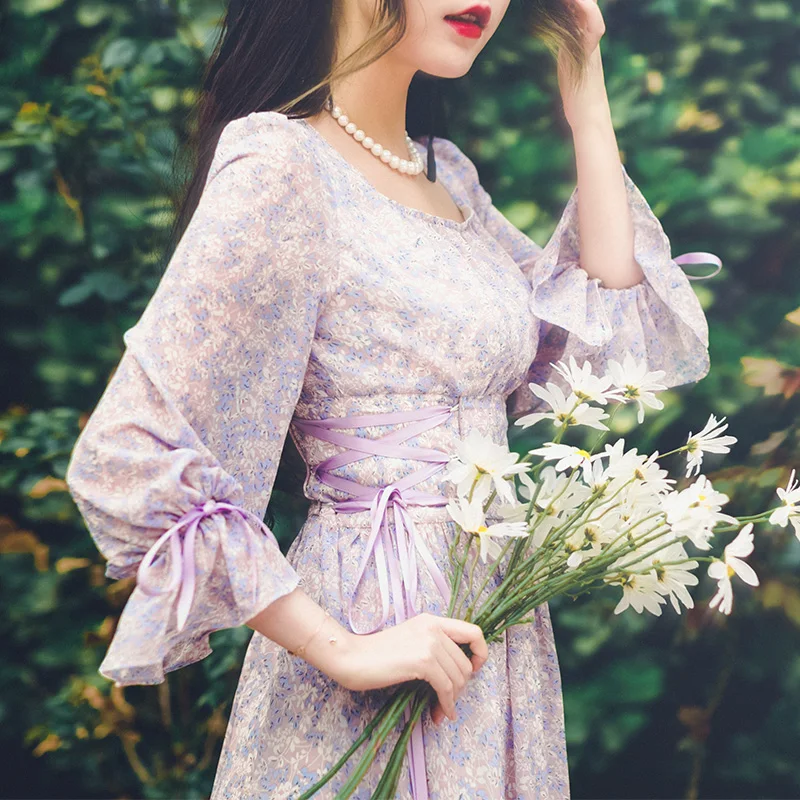 

2020 New Arrival Vintage A-line Three Quarter Bow Mid-calf Lantern Sleeve Empire Square Collar Dresses