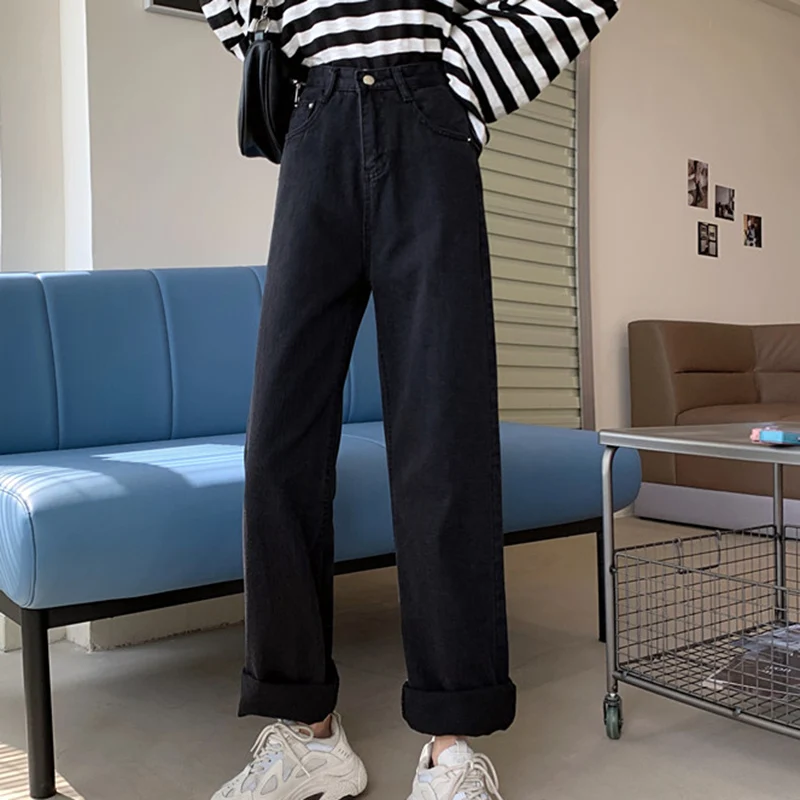 

Denim Jeans Women Winter Warm High Waist Loose Jeans Lady Plush Black Wide Leg Pants Student Autumn Straight Thin Mom Trousers