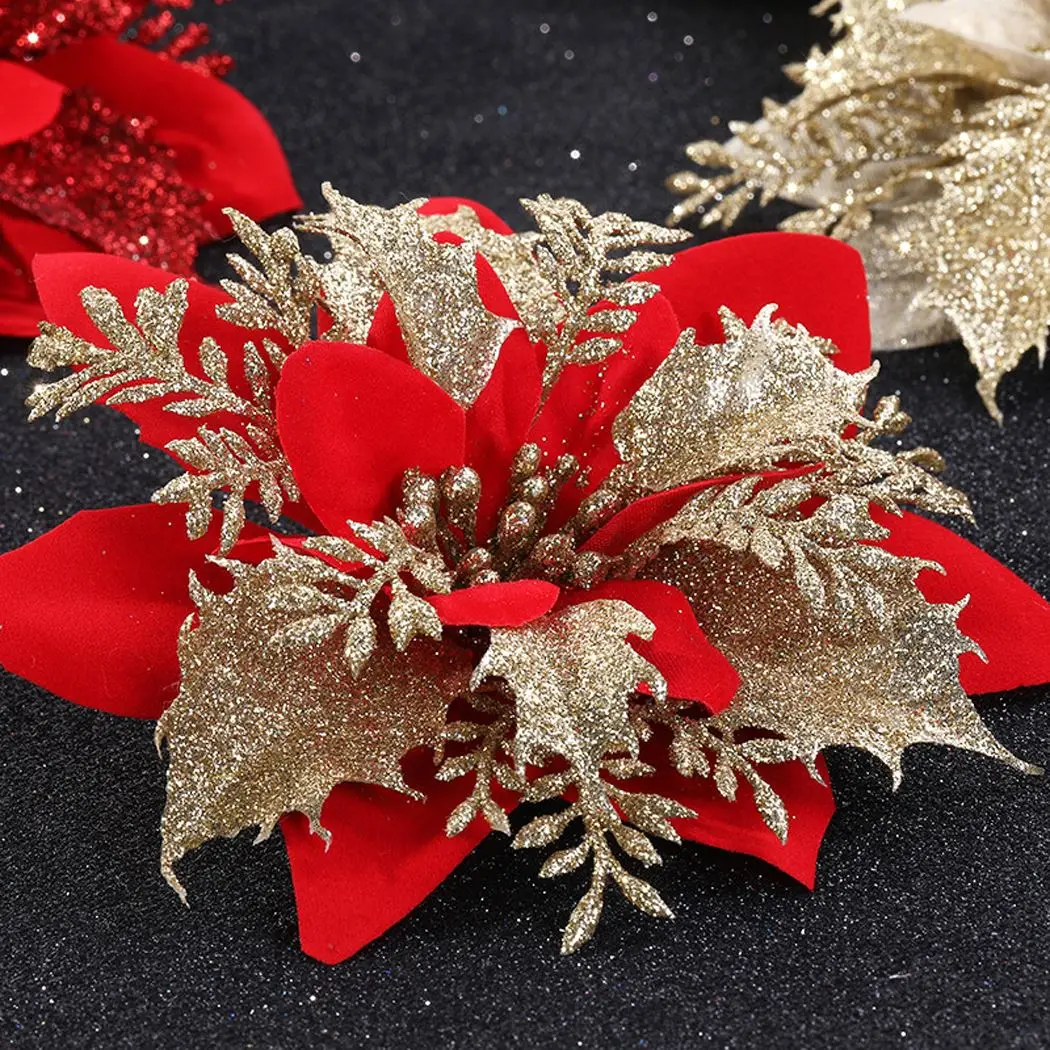 

3PCS Christmas Flower Cute Artificial Glitter Poinsettias Christmas Tree Flower Xmas Ornaments New Year's Party Decor