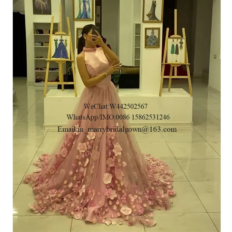Luxury Pink 3D Flowers Cheap Prom Dresses 2020 A Line High Neck Plus Size Princess Girls Birthday Sweet 16 Formal Evening Gowns