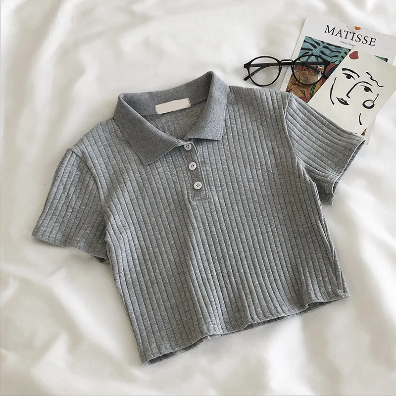 

Women Summer Polo Collar Striped Buttons Short Tops Solid Casual Slim T Shirt 2021 New Fashion Camiseta Mujer