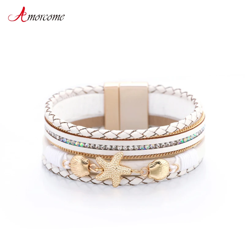 

Amorcome Women's Ethnic Starfish Sea Shell Braided Rope Bracelet Multi-strand Leather Wrap Bracelet With Magnetic Clasp Pulsera