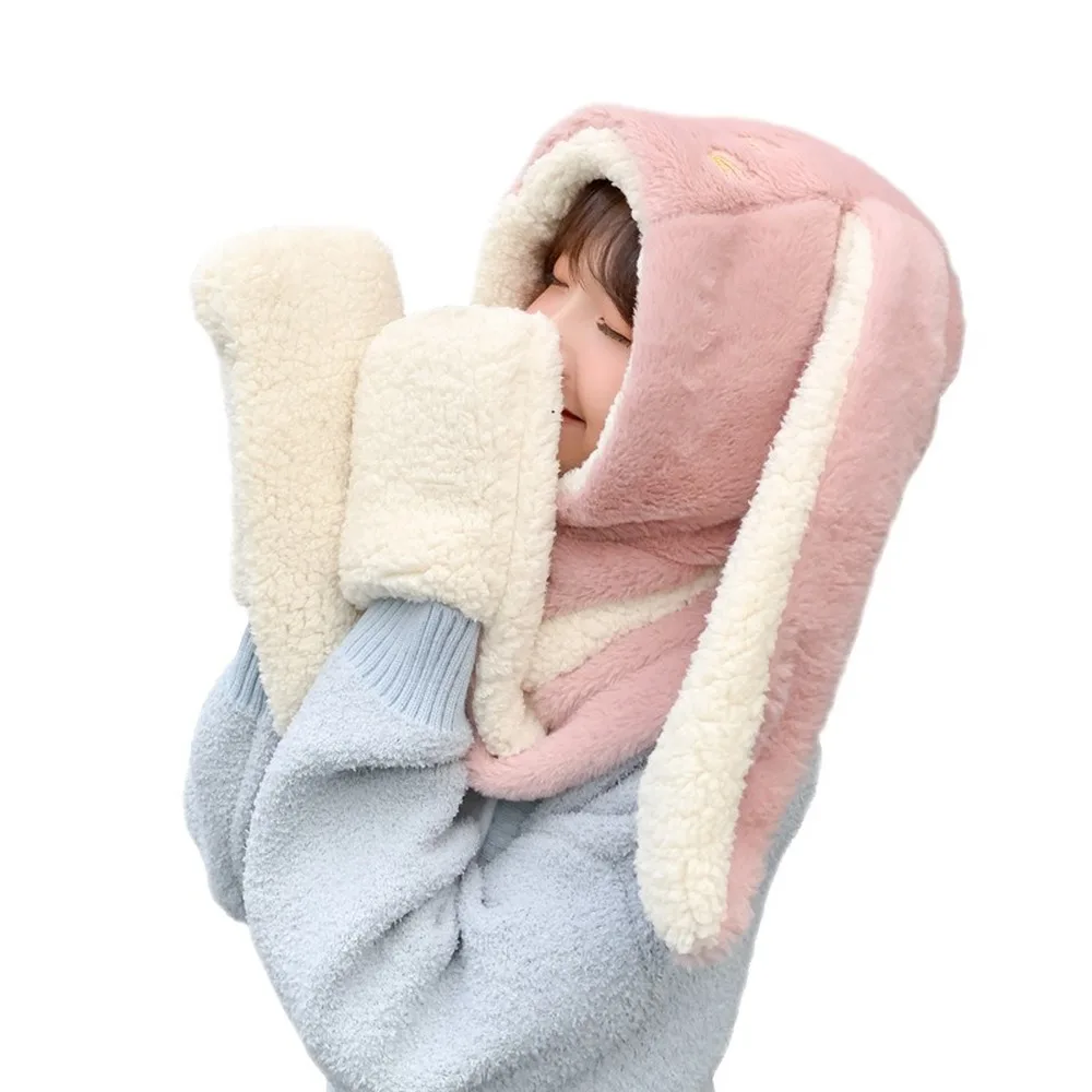 

Kawaii Rabbit Ear Hat Scarf Gloves Set Winter Women Warm Novelty Caps Casual Plush Scarves Fleece Lady Girl Trendy Accessories