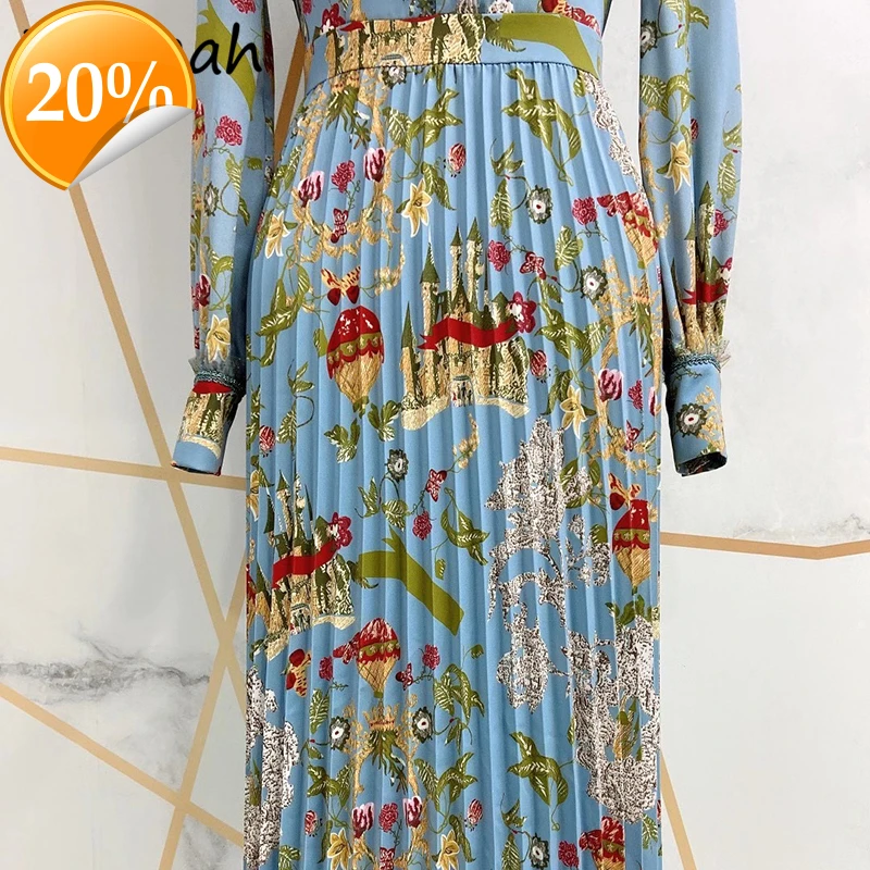 

Spring Women Fashion Designer Party Plissee Dress lantern Shell Pearls Floral Print Elegant Shop Midi Clothing