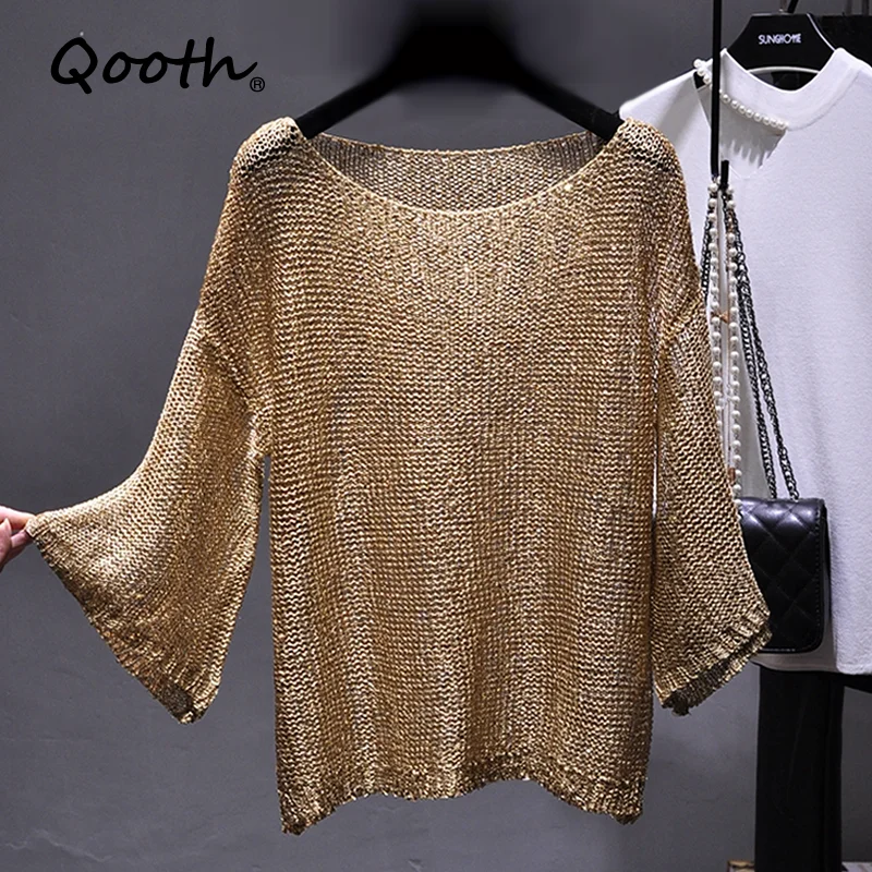 Qooth Shiny Lurex Sequin Sweater Women Long Sleeve Pullover Round Neck Golden Basic Shirt Knit Tops Jumper QH2174 | Женская одежда