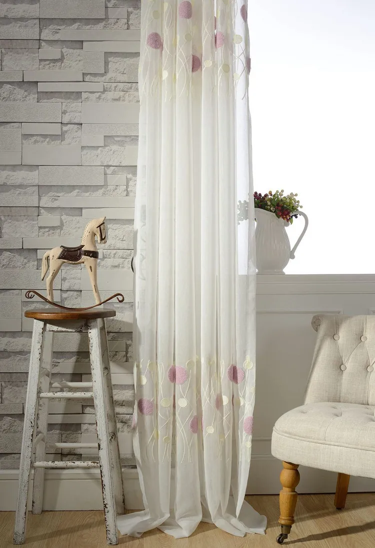 Modern 3D Round Embroidered Pink Curtain For Kid Girls Bedroom Soft Fabric White Sheer Voile Curtain Living Room Tulle FQ021D3