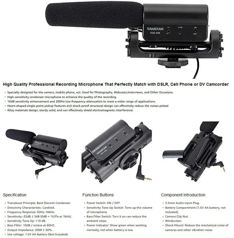 BEESCLOVER TAKSTAR SGC-598 внешний стерео микрофон для интервью камеры Nikon/Canon/DV видеокамеры |