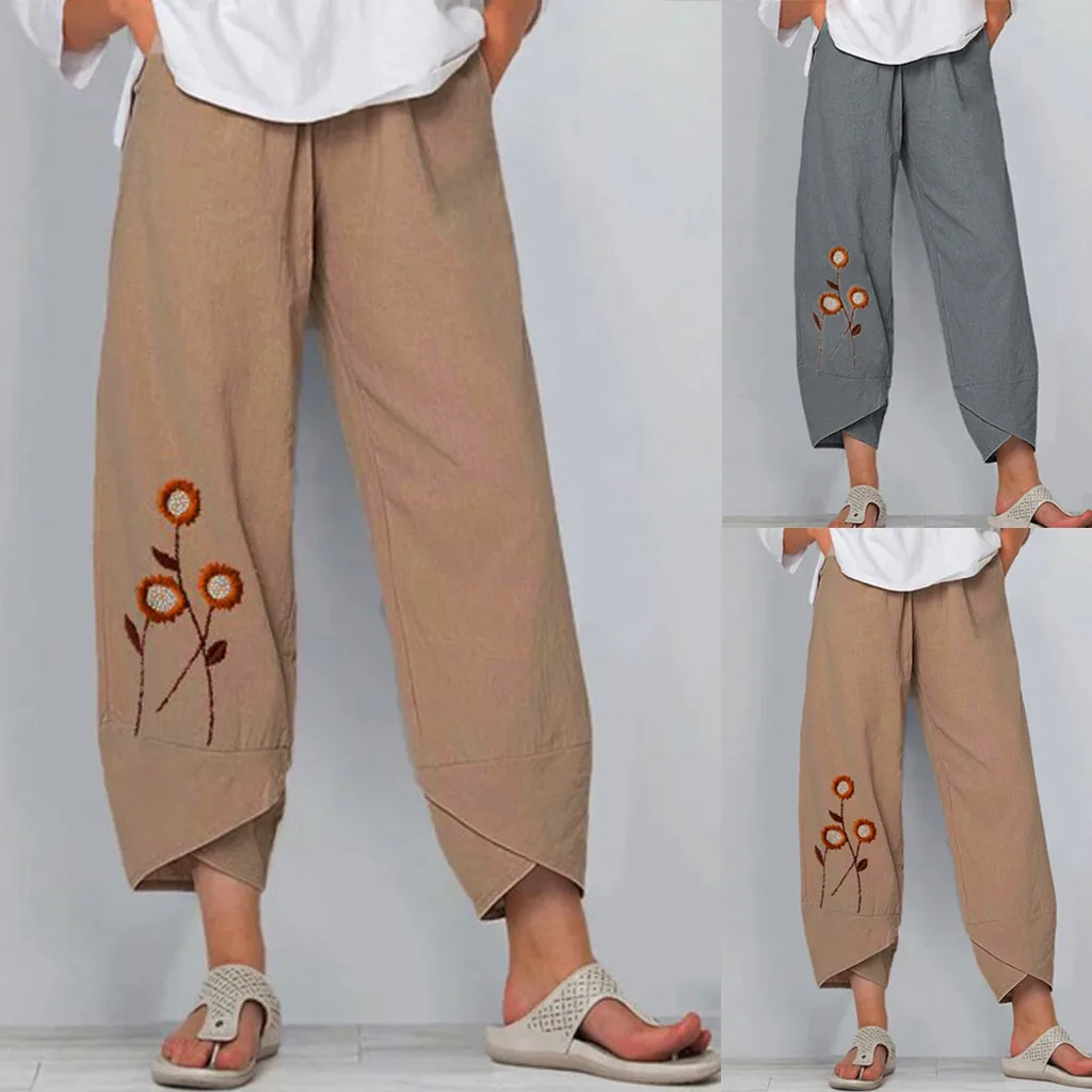 

Женские повседневные летние хлопковые свободные длинные прямые брюки со средней талией и вышивкой, элегантные модные женские брюки с эласт...