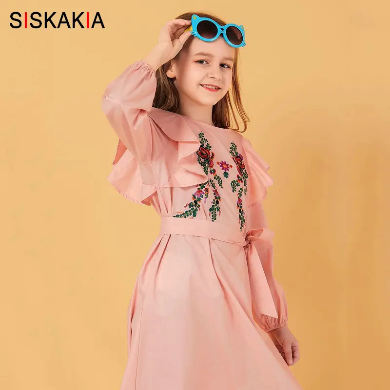 Siskakia/одинаковые платья для мамы и дочки; длинное розовое платье с милыми оборками в стиле пэчворк с вышивкой; мусульманское Повседневное платье макси размера плюс