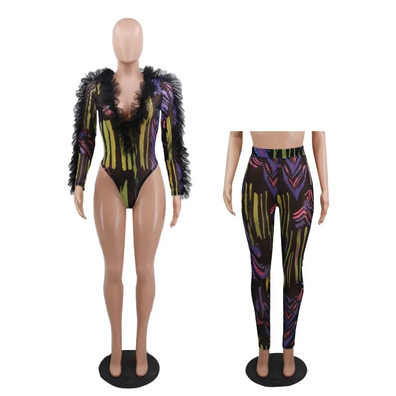 

two piece set spandex mesh sexy perspective printed body suits for women Long sleeve v neck bodysuit+long pants matching sets