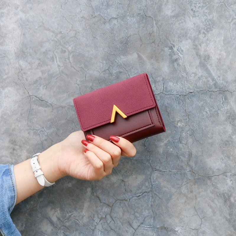 

Money Inlaid Mini Short Ladies Matte Leather Buckle Small PU Solid Credit Card Wallet