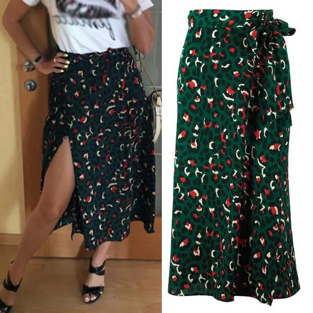 Юбка женская с леопардовым принтом элегантная зеленая шифоновая винтажная