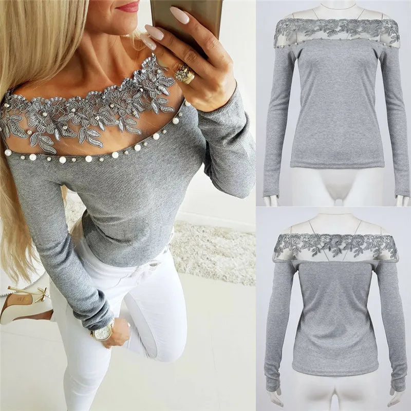 Женские однотонные Цвет с открытыми плечами длинными рукавами кружевом и