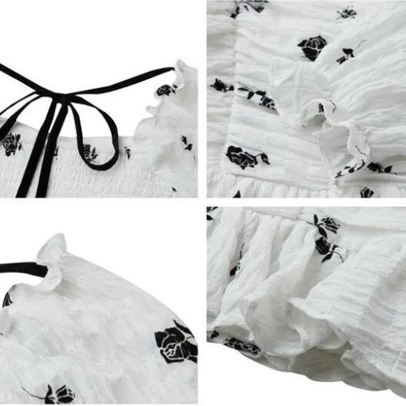 

Women Tops Hot Sale Puff Sleeve Printing White Ruffles Ruched Harajuku Sweet Slim Korea Female Casual Streetw Blouses Tops