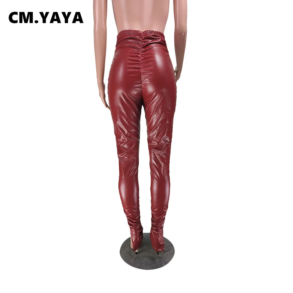 Женские брюки с высокой талией CM.YAYA уличная одежда из искусственной кожи рюшами