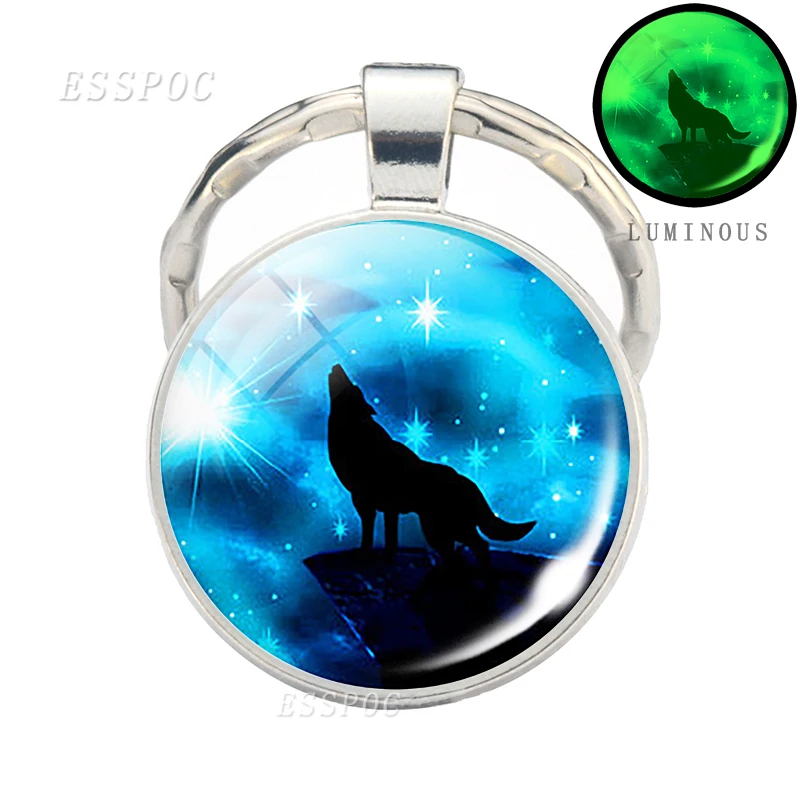 as show 1 Glow in Dark Jewelry Howling Wolf Keychain Wolf Luminous Glass Cabochon Pendant Keyring Double Side Glass Ball Keychain - Цвет: as show 1