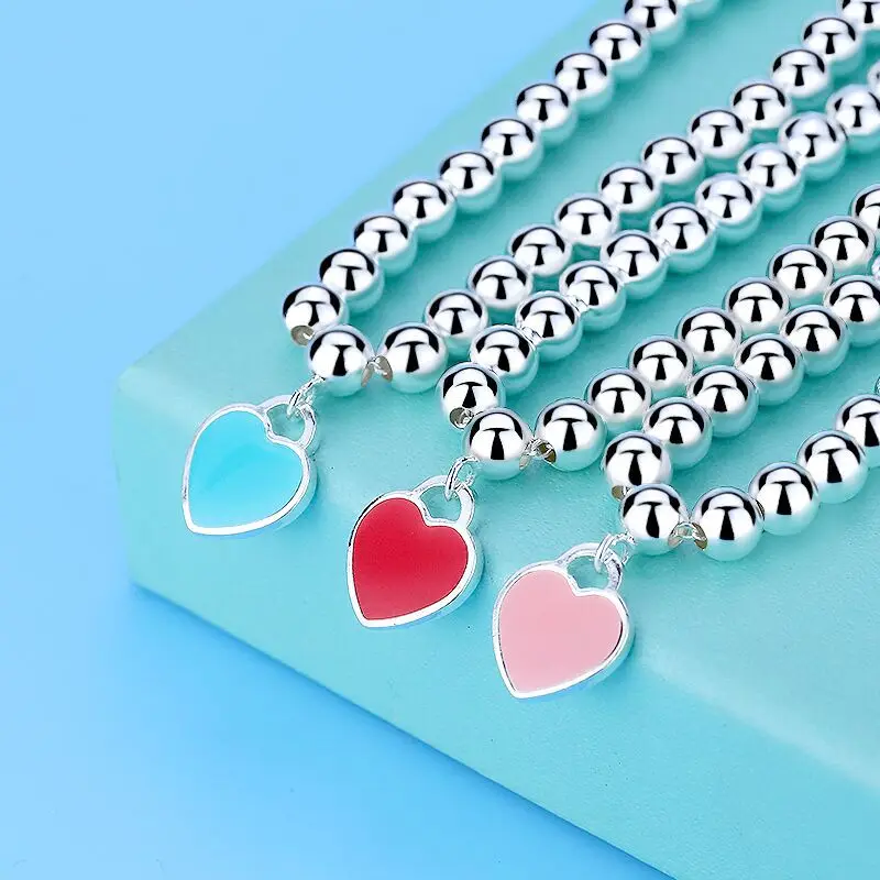 

S925 Sterling Silver Round Bead Bracelet Beaded Enamel Peach Heart Love Heart Shaped Female Silver Jewelry