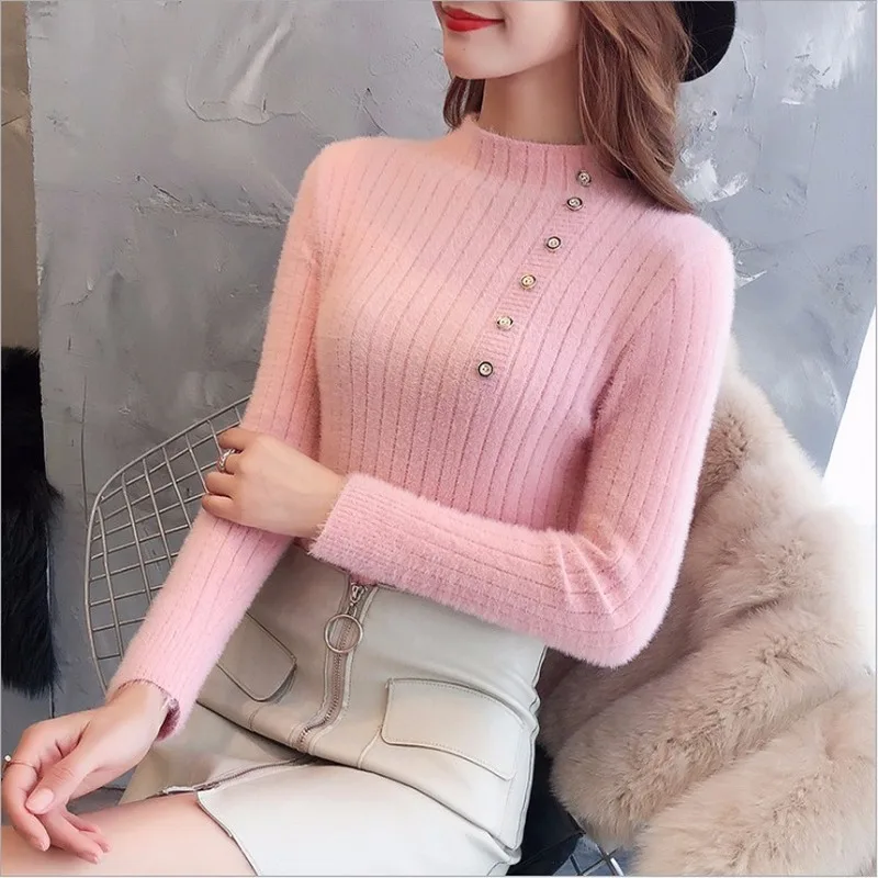 Women's Faux Mink Velvet Slim Sweater - Warm Knitted Pullover with High Collar and Button Bottom - Solid Color Spring Fashion image 5