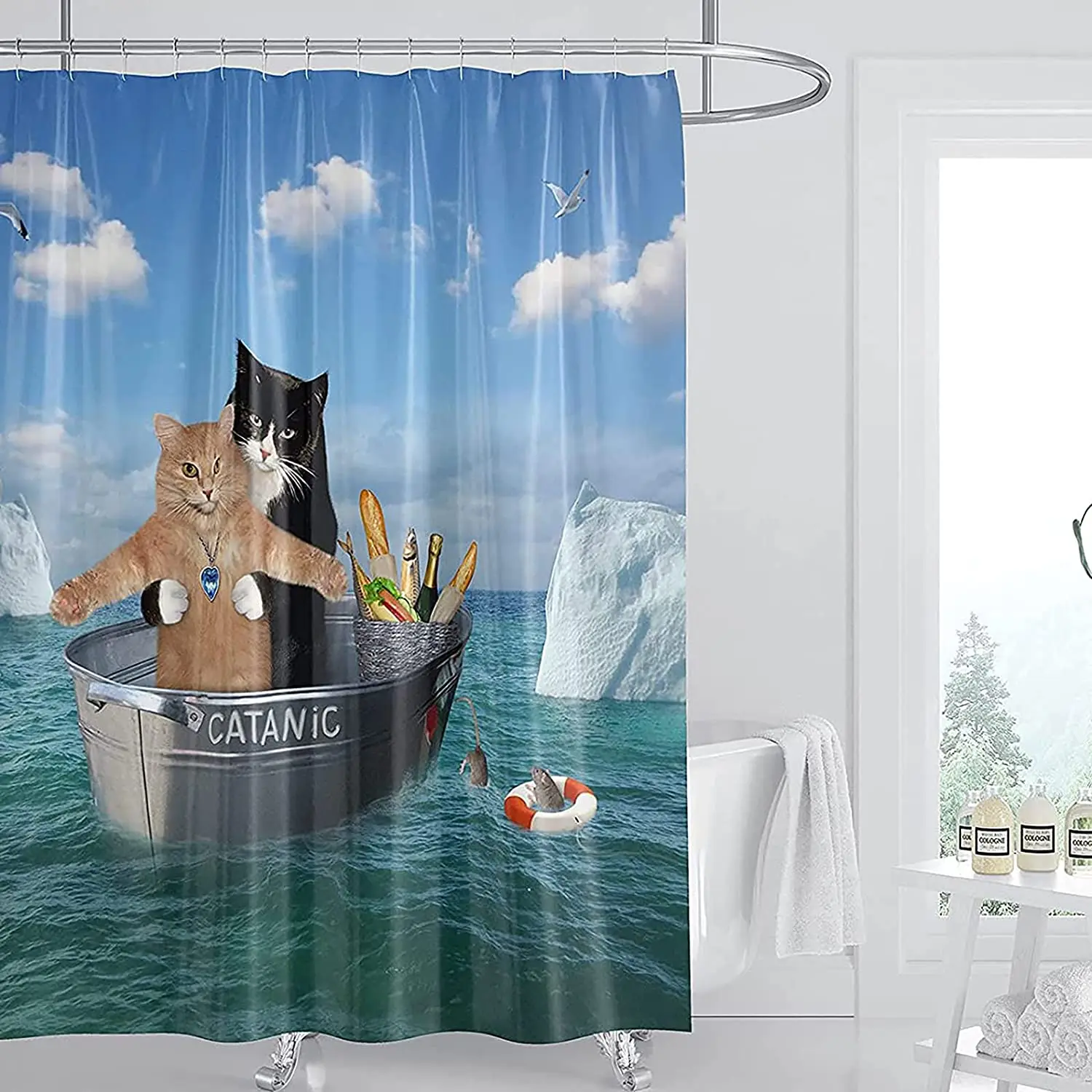 

Занавеска для душа в ванную комнату, забавная шторка из полиэстера, с кошкой, котенком, для косплея в океане, с 12 крючками