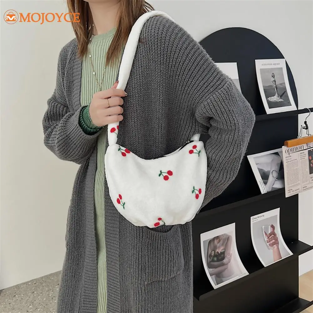 

INS Fashion Plush Cherry Pattern Shoulder Bags Winter Women Handbag Winter Fur Zipper Casual Top-handle Bag Travel Street Totes