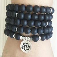 8mm 108 beads frosted black agate lotus bracelet necklace handmade spirituality sutra buddhism wristband yoga unisex energy