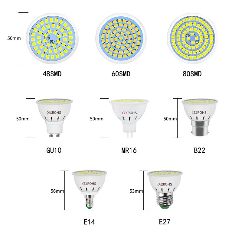 Светодиодная лампа GU10 E27 E14 точечная Лампа 48 60 80 светодиодный 220 В GU 10 Bombillas LED MR16 Gu5.3
