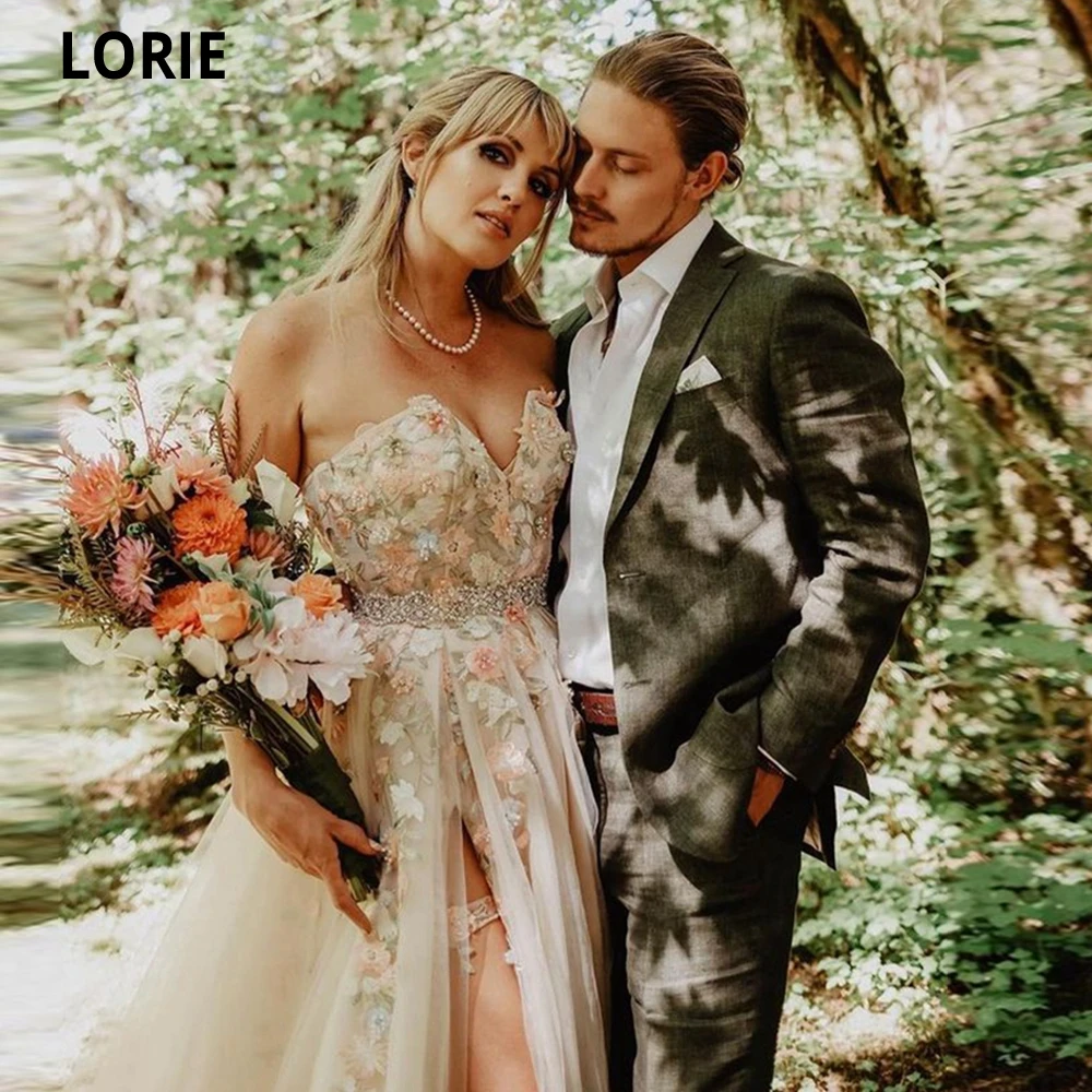 

LORIE Elegant Sweetheart Prom Dresses Long 3D Floral Lace Applique Beaded Formal Evening Gown Party Dresses With High Split