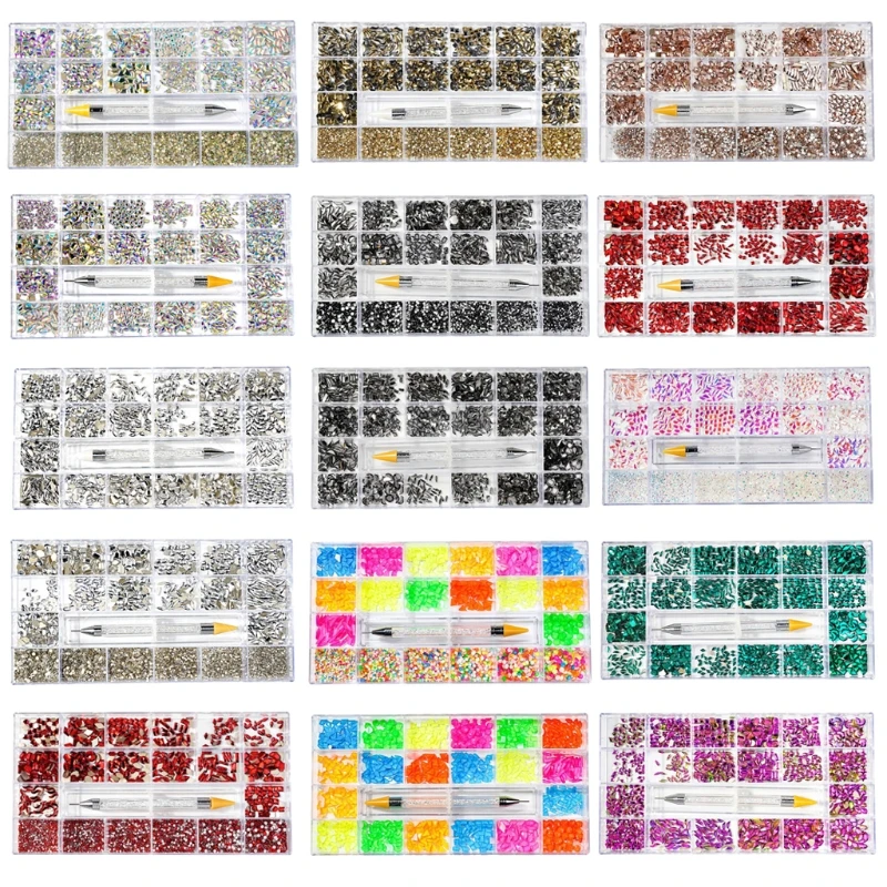 

21 Grids Glass Nail Art Decoration Kit Multi Shapes with Dual-ended Dotting Picker Set Nails Supplies Accessories Decor DIY K3NE