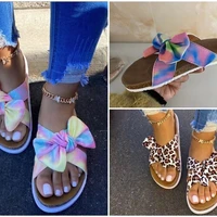 colorful rainbow print women shoes 2021 summer new leopard print color sandals with thick soles and bow home casual slippers