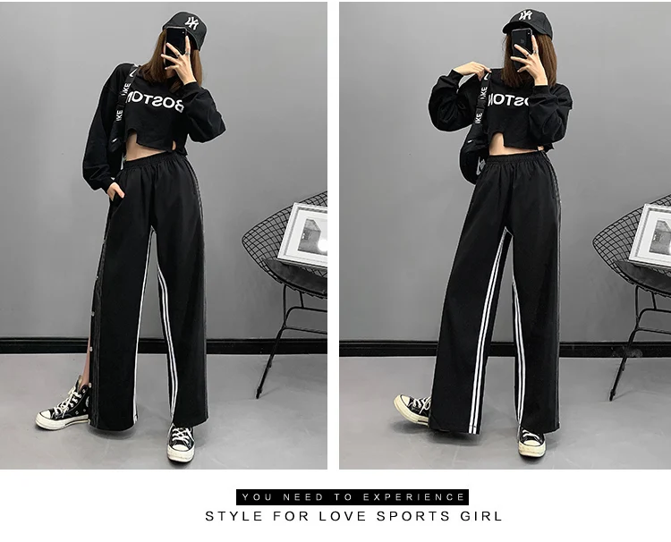 

women's Clothing straight harajuku Korean Casual Chic loose high waist loose hipster bf black long wide leg pants striped button