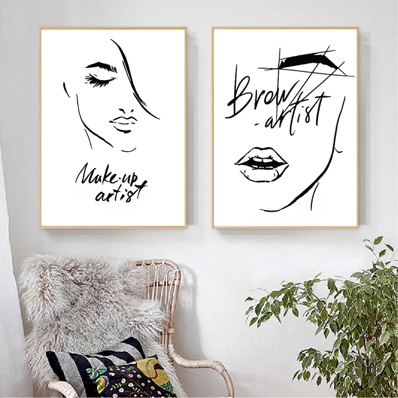 

One Line Drawing Picture Minimalist Black and White Sketch Canvas Painting Make Up Artist Licing Room Bedroom Wall Decor Prints