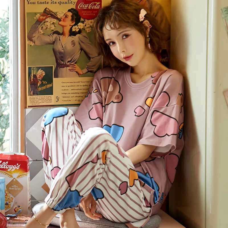 

Summer pajamas women's short sleeved trousers girl's Pullover household suit