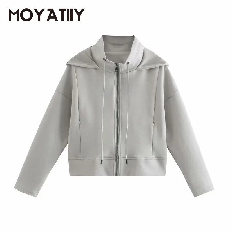 

Женская модная осенняя куртка MOYATIIY на молнии, повседневная спортивная куртка с воротником-стойкой, куртка на шнуровке, пальто с капюшоном, ж...