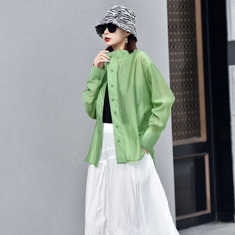 

IEQJ 2021 new black casual fashion summer Female Minimalist Stand-up collar long-sleeved short sunscreen clothing Coat 3F1019
