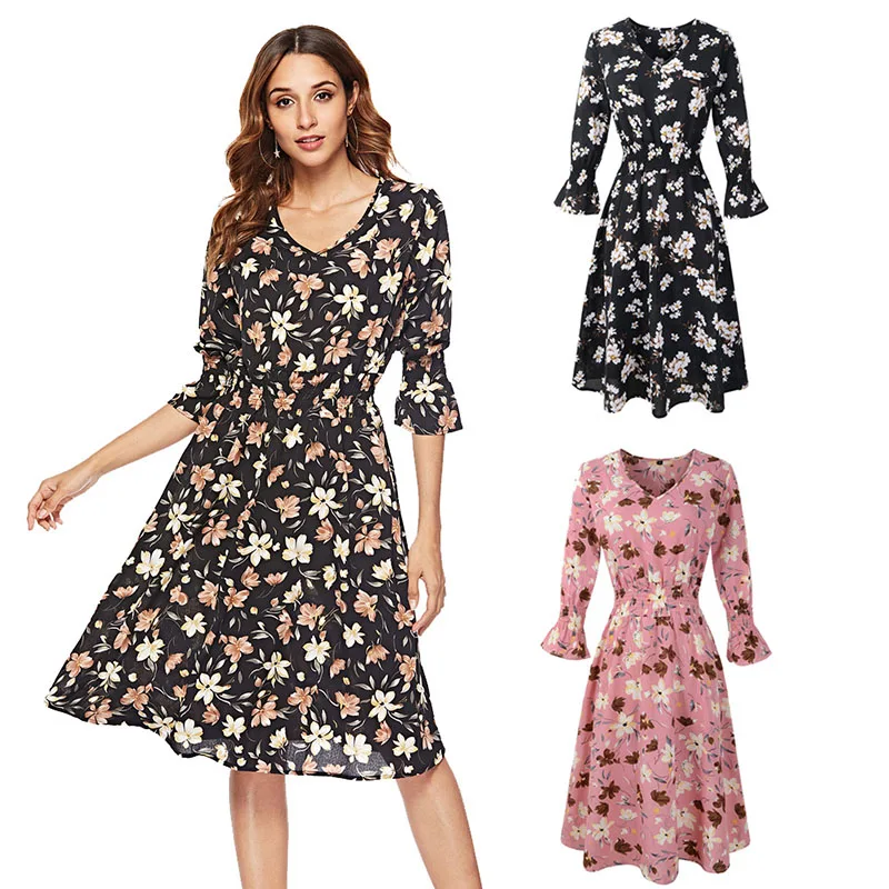 

Женское шифоновое платье с цветочным принтом, элегантное стильное платье с V-образным вырезом и рукавом до локтя, вечерние ничное платье сре...
