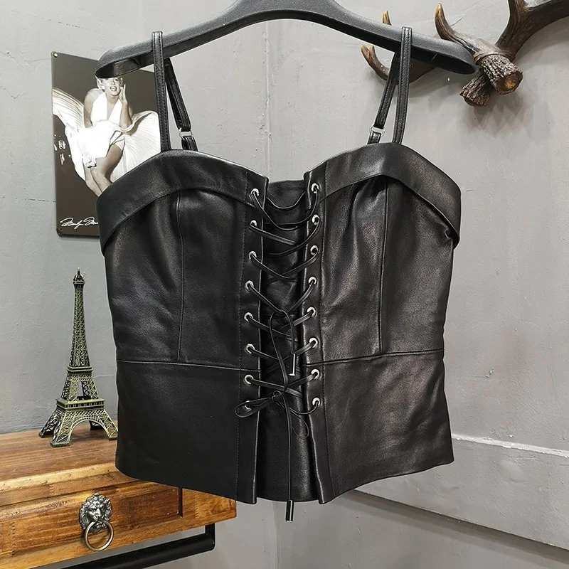 

Hot sexy ladies short straps lace up girl's waistcoat sheepskin genuine leather slingshot upper skinny trim vest down gilet