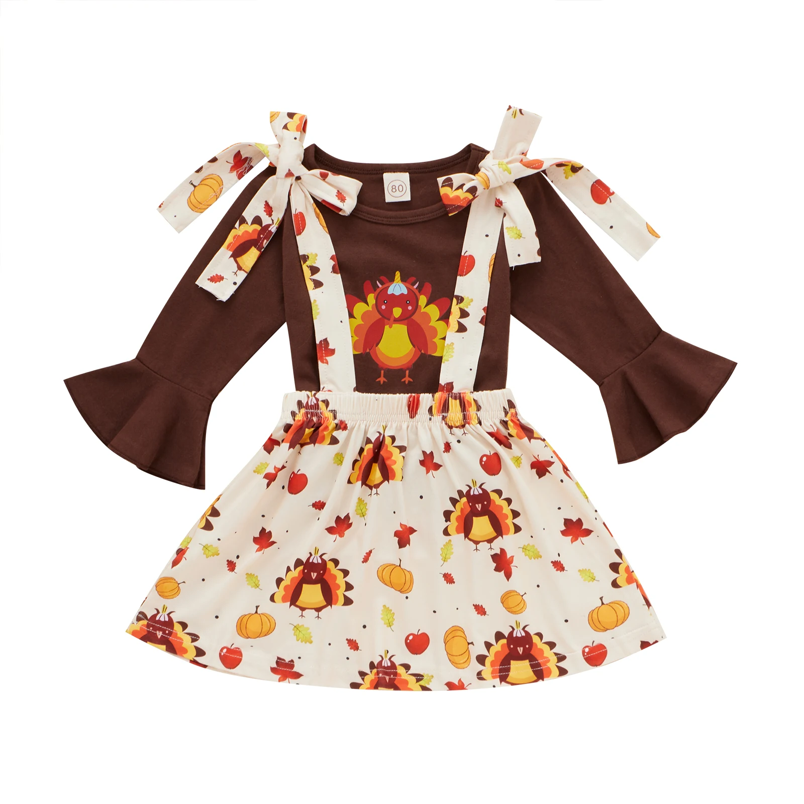 

2Pcs Baby's Clothes Thanksgiving Day Little Girls Outfit Chicken Printing Flare Long Sleeve Round Collar Tops Suspender Skirts