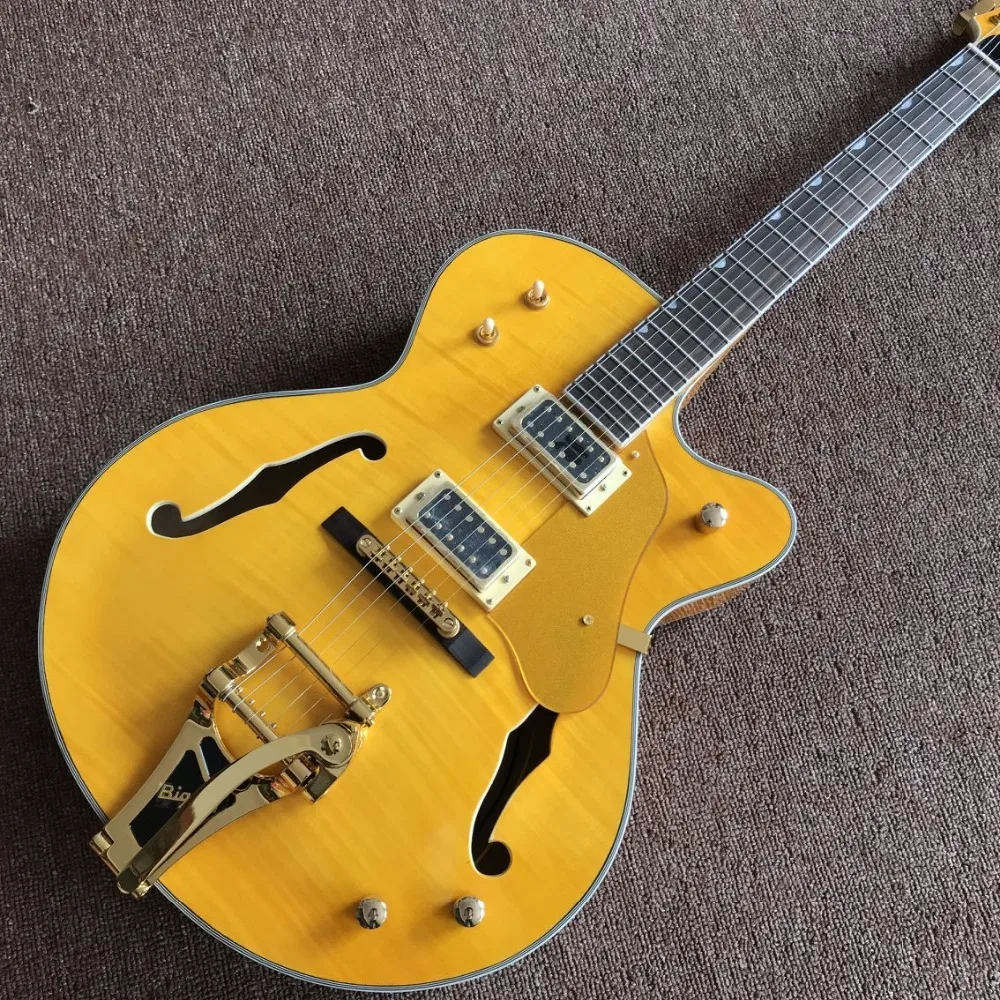 

Custom Tiger Flame F hollow body Jazz Electric Guitar,Rosewood fingerboard,yellow color Jazz guitarra,vibrato system