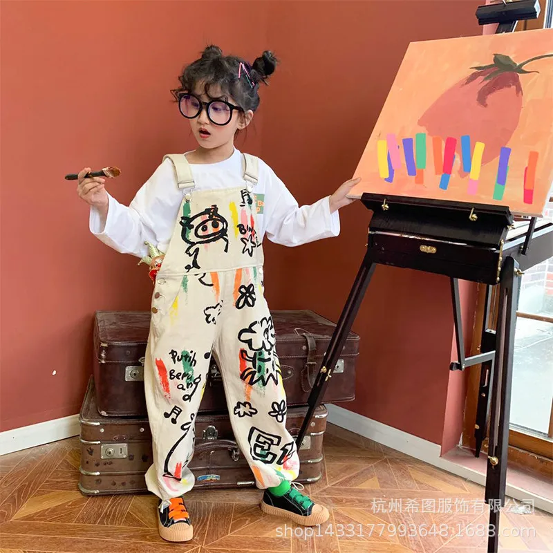 Новинка Весна 2020 штаны для девочек корейские Мультяшные с задним ремнем
